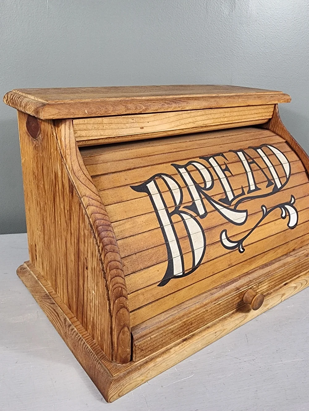 Wooden Roll Top Bread Box Farmhouse Brown Wood 80s Country Rustic